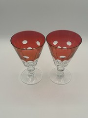 Vtg Cranberry Cut to Clear Glass Water or Wine Goblet – 5 & 7/8″ Tall