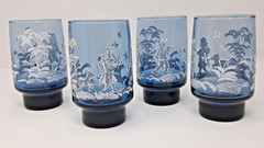 Libbey Mary Gregory Blue Glass Tumbler set of 4 10 fl oz girl boy dog vintage