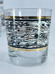 4 Anchor Hocking Glasses Gold Band Swirl Brown Gray Rocks Glasses VTG 1980s