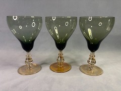 Bryce 894 Smoke Green Goblets Topaz Amber Stem Blown Glass Pear Shape – Set of 3
