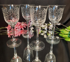 4 Vintage Lacy Needle Etched Wine Goblets Glasses LEAVES by American Cut SET HTF