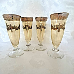 ARTE ITALICA MEDICI AMBER & GOLD FLUTED CHAMPAGNE GLASSES 3 SETS OF 4 AVAIL