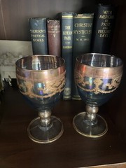 Vintage Murano Gold And Blue Irisdicent Glass Goblets Set Of 2