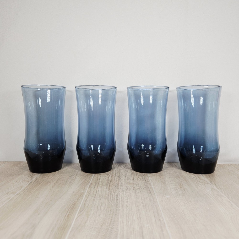 Set of 4 Vintage Libbey Apollo Blue Smoke Drinking Glasses Tumblers Curved 6 in