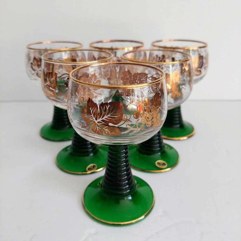 Vintage Set Of 6 Green Beehive Stem Cordial Glasses Gold Rim Germany 5 oz