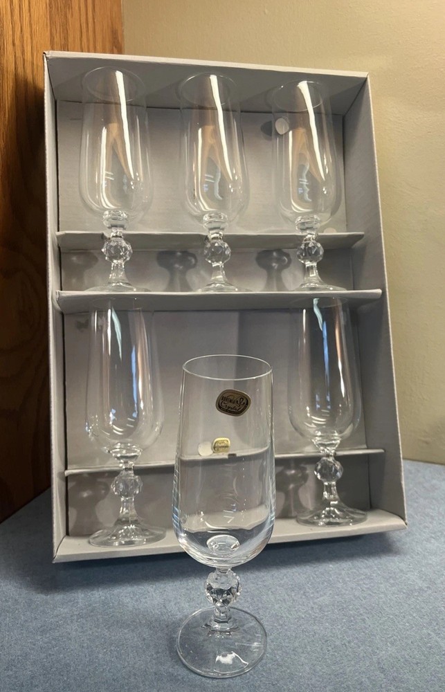 6 Bohemia Fine Lead Crystal «Claudia» Wine Flutes 180 ml. -Czech-Vintage – NIB
