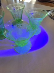 x4 Vtg Fostoria Vesper Green H2F Fruit / Oyster Glowing Glass 3 Chipped Free Shp
