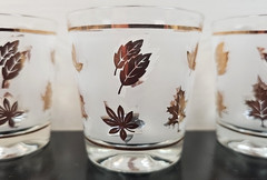 (6) Libbey Golden Foliage 6 Oz Old Fashioned Set Vintage Leaves Frosted MCM Lot