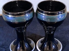 Pair Of Studio Art Pottery Goblets Chalices Clay Stoneware Black Blue Signed