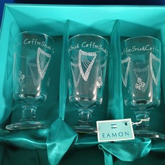 Eamon Glass 6 Mug Set IRELAND Irish Coffee Liqueur Etched Harps Shamrocks New