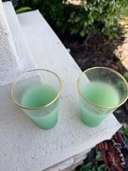 Vintage Blendo Green Ombre Frosted Tumblers Gold Rim MCM Glasses Set of 2