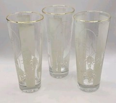 Set of 3 Vintage Palm Leaf Highball Glasses with Gold Trim