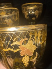 Set Of 5 Roman/ Wine Glass Trumpet Foot Grape Gold Decor Hand Painted Amber Glas