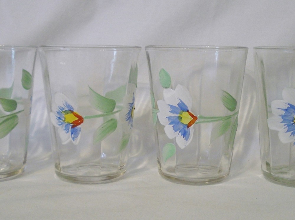 4 Enameled Floral Tumblers 4″ Glass Set 10 Panel Blue White Flowers Hand Painted