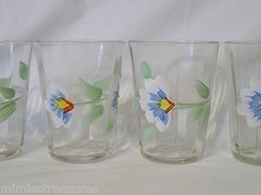 4 Enameled Floral Tumblers 4″ Glass Set 10 Panel Blue White Flowers Hand Painted
