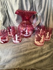 Cranberry Pink Large Pitcher with Ruffled Rim & 6 Tumbler Glasses Set