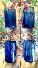 Vintage MCM Cobalt Azure Blue Handblown Glass Highball Barware Set Rough Pontil