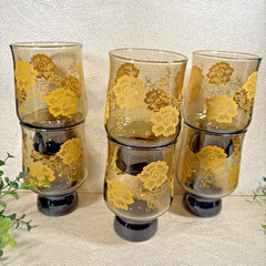 Groovy Smokey Brown Tumbler Glasses With Yellow Flowers Set 6 MCM Stackable