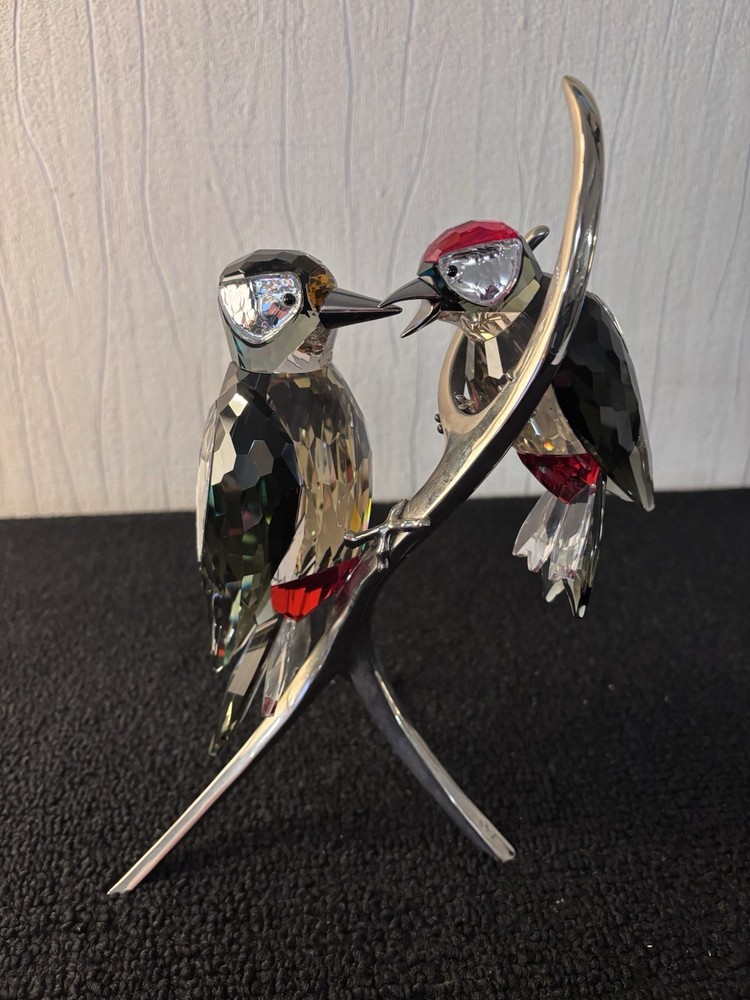 Pair Of Black Birds Perched On Swarovski Crystal Branch