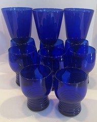 Set of 8 Imperial Cobalt Blue Glass Shaeffer Tumblers 3.75” & 4″ Tall Ribbed