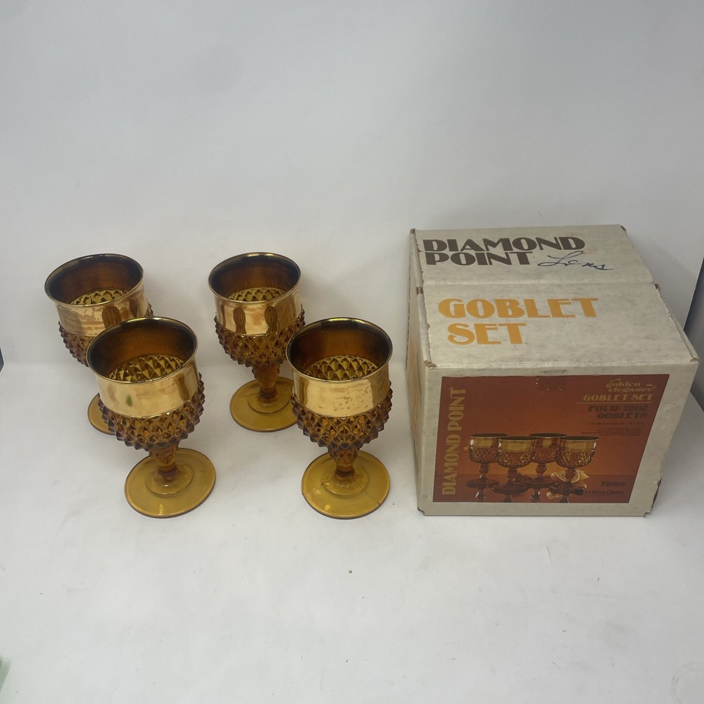 Vintage Indiana Glass Amber Diamond Point Goblets 6.5 Inch, Set of 4 #7906 W/Box