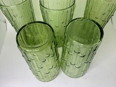 5 Glass Tumblers Set Anchor Hocking Tahiti Bamboo Avocado Green 1960 Drinking