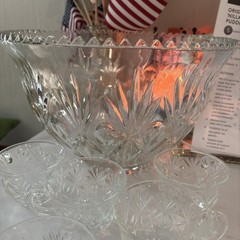 Bohemia Crystal Punch Bowl w/ 6Cups Czech Republic Scalloped Edge Pineapple Cut