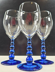 3 Libbey Metropolis Blue Water Goblets Set Ball Knob Stems Art Deco Styled Lot