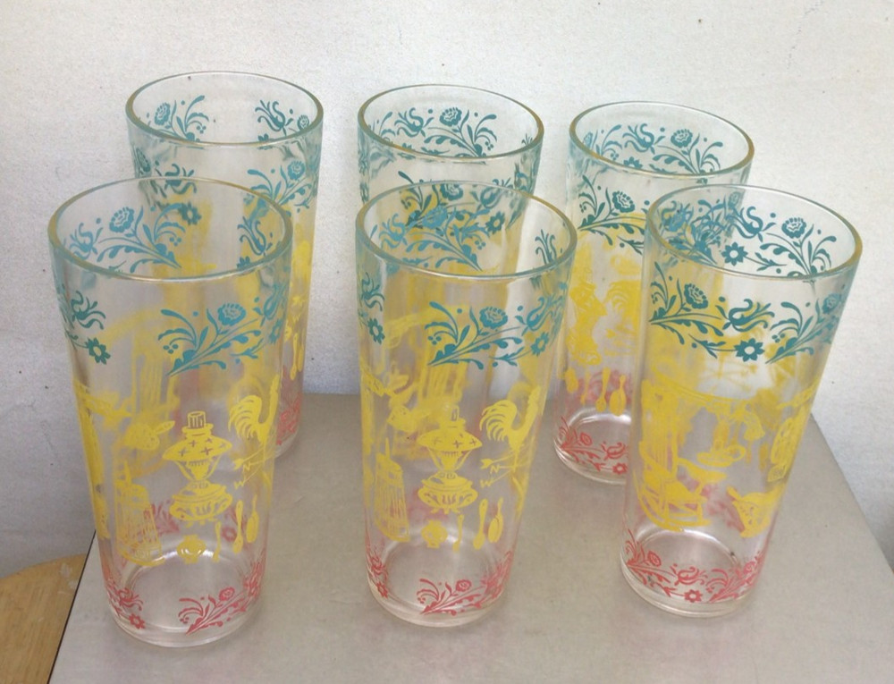 6 Vintage HAZEL ATLAS AMERICANA GLASSES Aqua Yellow Pink Rocking Chair, Spinning