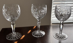 Three Water Goblets Juliette by American Cut. Cut bowl and multi sided stem