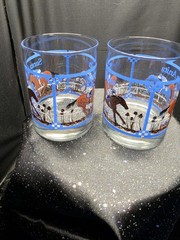 vintage Libbey Glass lowball whiskey glasses featuring a horse racing design…