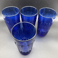 (4) Arcoroc Royal Sapphire Cobalt Blue Beverage Glasses Palm Leaf France 14oz