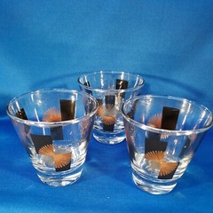 Vintage Atomic Double Shot Glasses 3 oz Black Block Gold Starburst MCM Barware