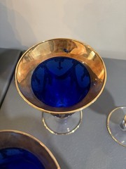 VTG Horchow Italian Cobalt Blue Crystal 4 Wine Water Goblets 6.25″ 24K Gold Trim