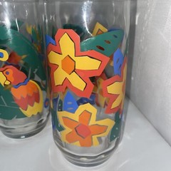 Libbey Drinking Glasses 16 oz Tumblers TROPICAL Birds, Flowers Set of 4
