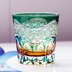 Edo Kiriko Drinking Glass Hand Cut Crystal Whiskey Glasses Amber Green 12 Ounces