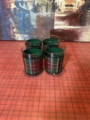 Vintage red green Plaid Tartan Set 4 glass old fashioned tumblers