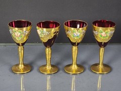 (4) BOHEMIAN GOBLETS HAND PAINTED ENAMEL ENCRUSTED GOLD MOSER 4 1/4″ TALL