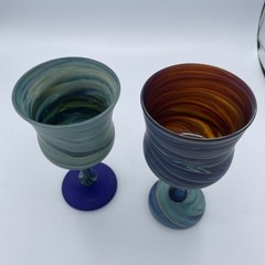 Pair Handblown Phoenician Goblets Hebron Style Art Glass Swirl Handmade Israel