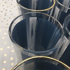 Set of 8 MCM Blue & White Horse Painted Glass Tumblers Vintage 1960s.