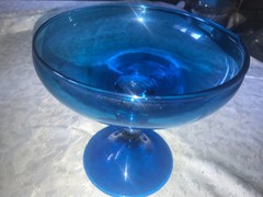 MCM Vintage EMPOLI Peacock BLUE Handblown GLASS Pedestal COMPOTE Bowl CANDY DISH