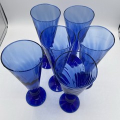 VTG 6 Champagne / Beer Set Cobalt Blue Swirl Tall Flutes Short Stem Bar Glasses