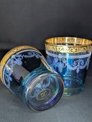 Set of 4 VTG Blue Italian Old Fashioned Tumblers Gold Rim Lorren Home