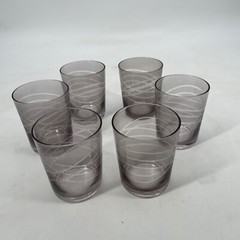 Lot of 6 Pier 1 Old Fashion Lowball Cocktail Glasses Etched smokey grey stemless