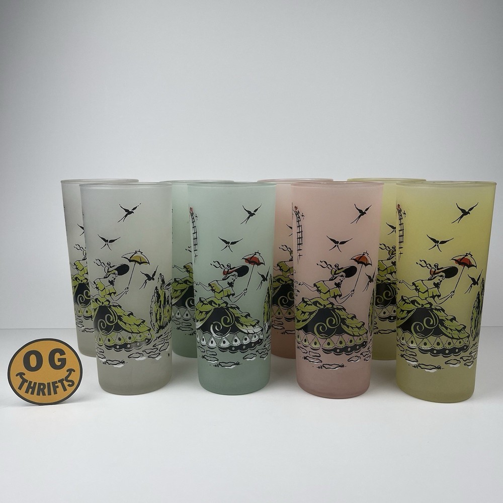 VTG Libbey Set of 8 Pastel Southern Belle Frosted Glass Tumblers 2 of each color