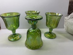 Indiana Carnival Glass Goblets Iridescent Green Harvest Grape 5 1/4” Lot Of 4