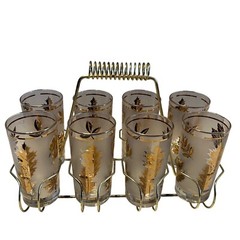Set Of 8 Libbey Golden Foliage Glass Tumblers W/Gold Trim & Metal Carrier