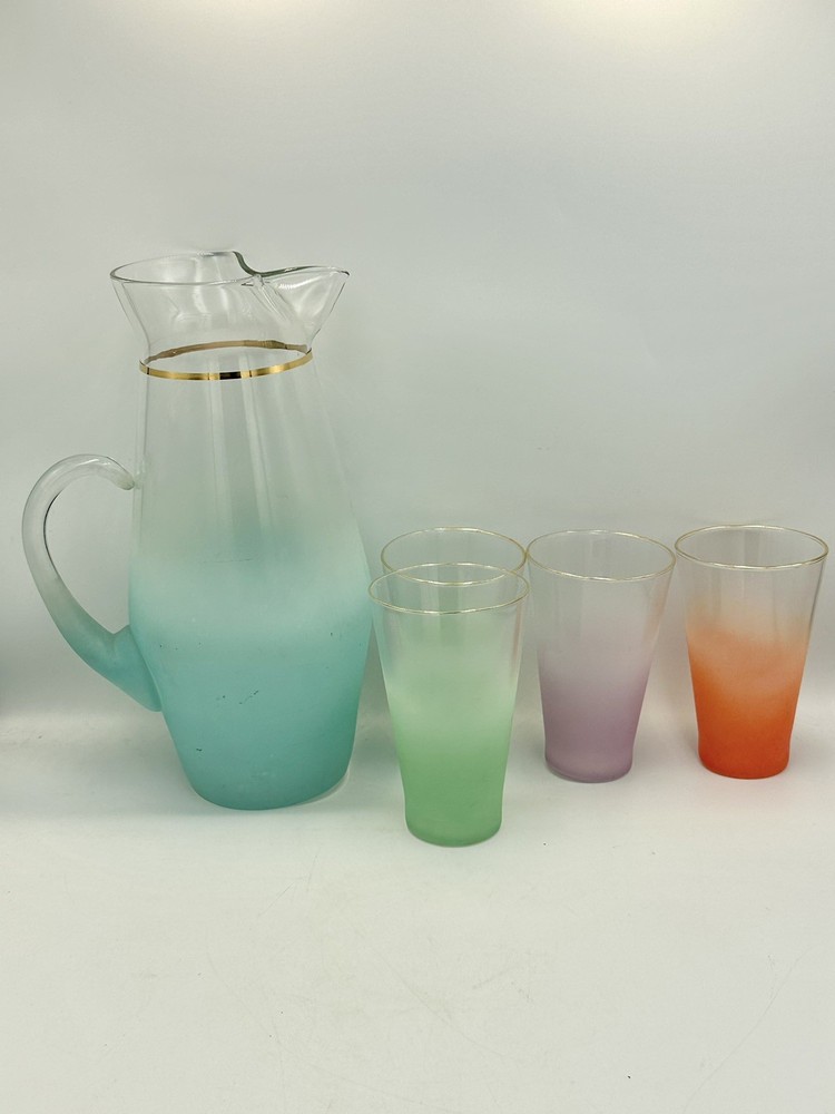 MCM Blendo Pitcher 4 Glasses Set Gold Rim Wear Virginia USA 1950s-60s