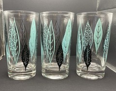 Federal Glass Mid-Century Turquoise (Teal) And Black Leaves Glasses. MCM Barware