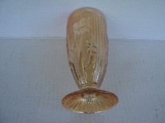 Vintage Jeanette Iris & Herringbone 6″ Marigold Footed Glass Tumbler.